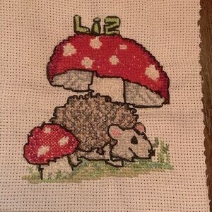 Liz!  Hedgehog with Amanita Mushroom with the name LIZ handmade cross-stitch